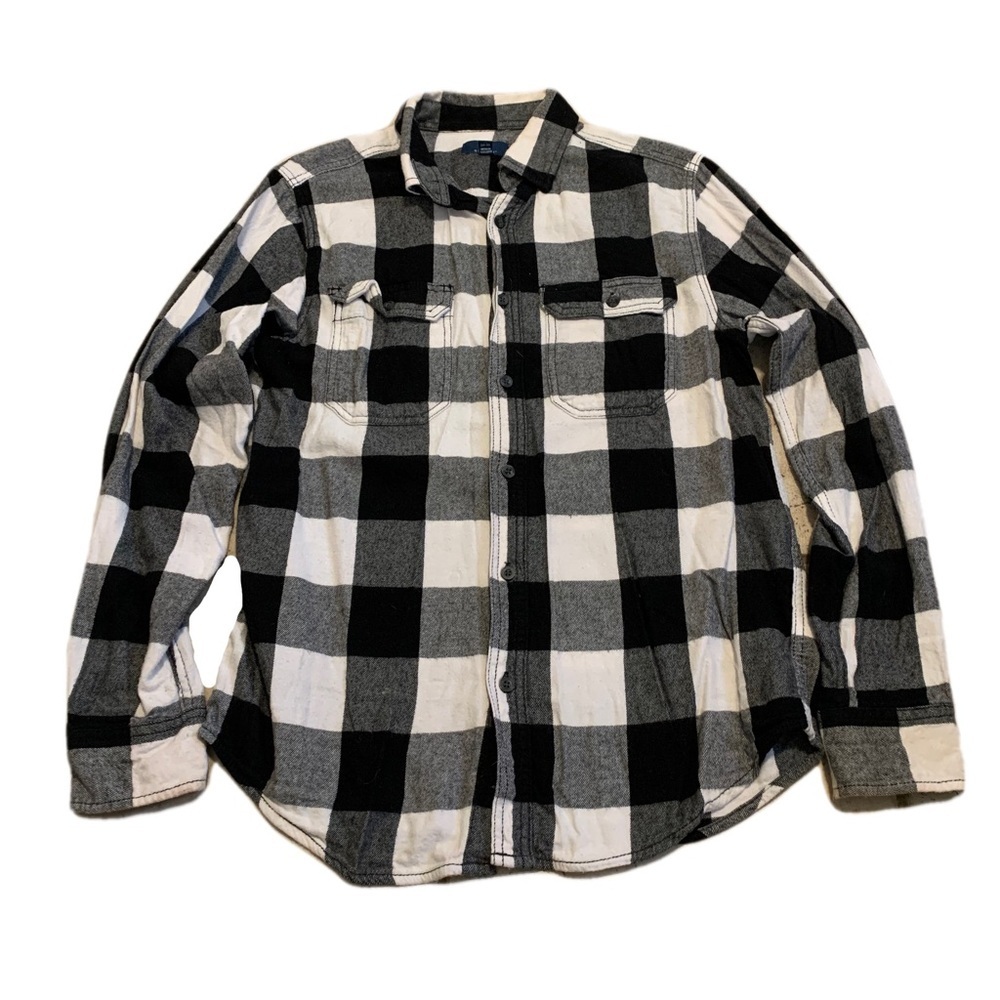 George Black and White Buffalo Plaid Flannel Shirt Size Small